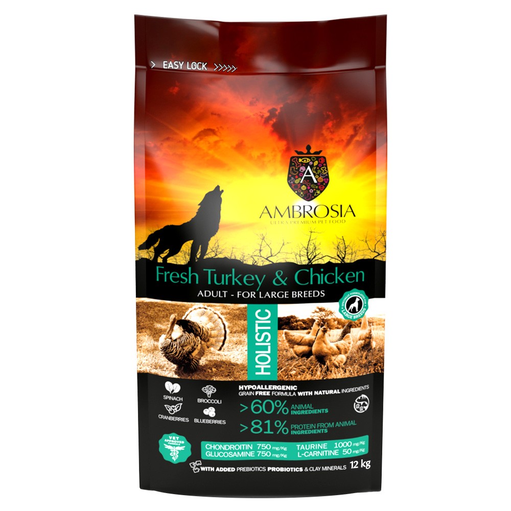 Корм для собак AMBROSIA Grain Free беззерновой для крупных пород, с индейкой и курицей сух. 12кг