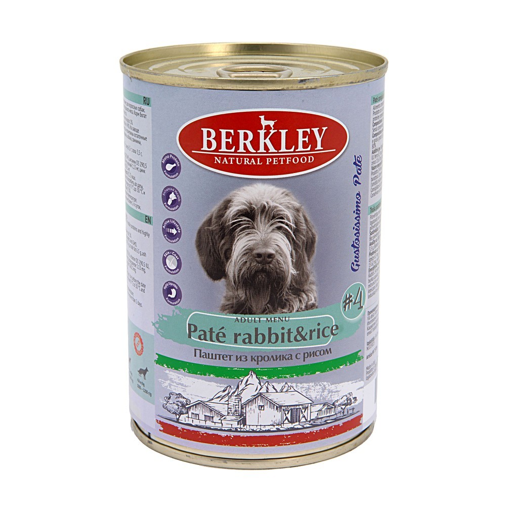Корм для собак BERKLEY №4 паштет из кролика с рисом банка 400г паштет говяжий рубец банка 400г