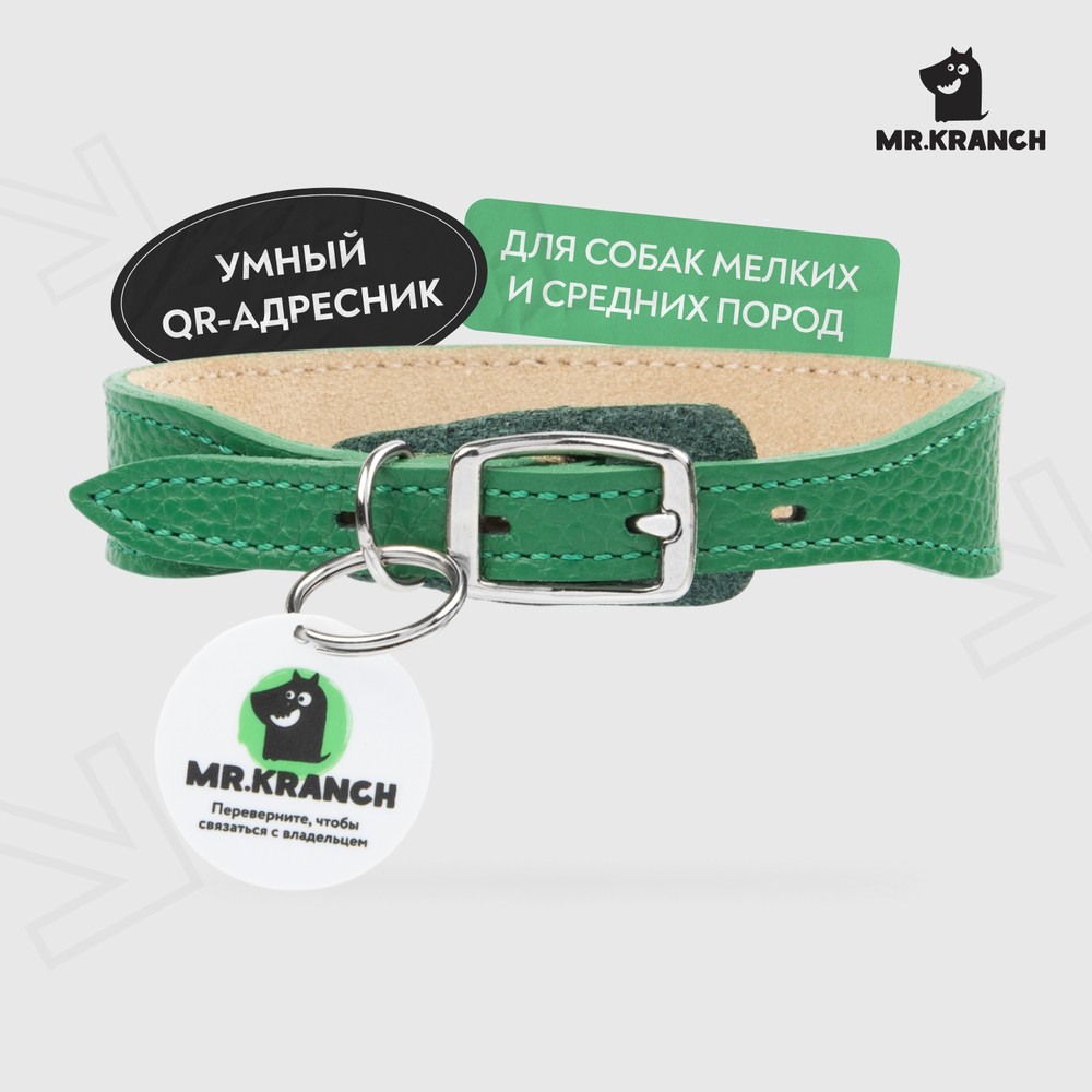 Ошейник для собак MrKranch из натуральной кожи с QR-адресником зеленый 22-26см 1677₽