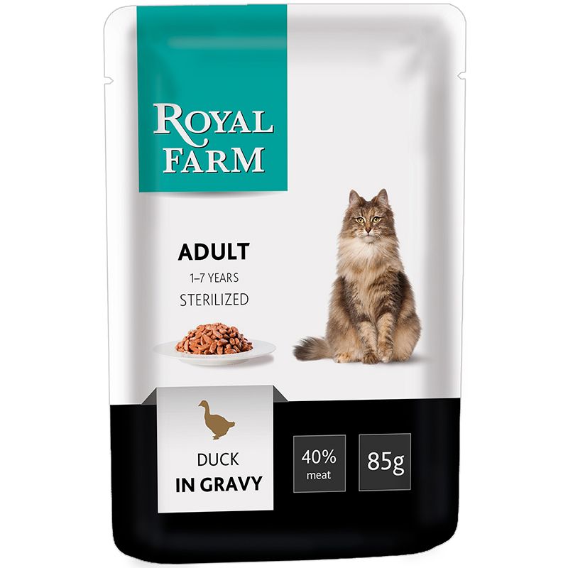 Корм для кошек ROYAL FARM для стерилизованных утка в соусе конс. пауч 85г корм для кошек pro plan утка в соусе пауч 85г