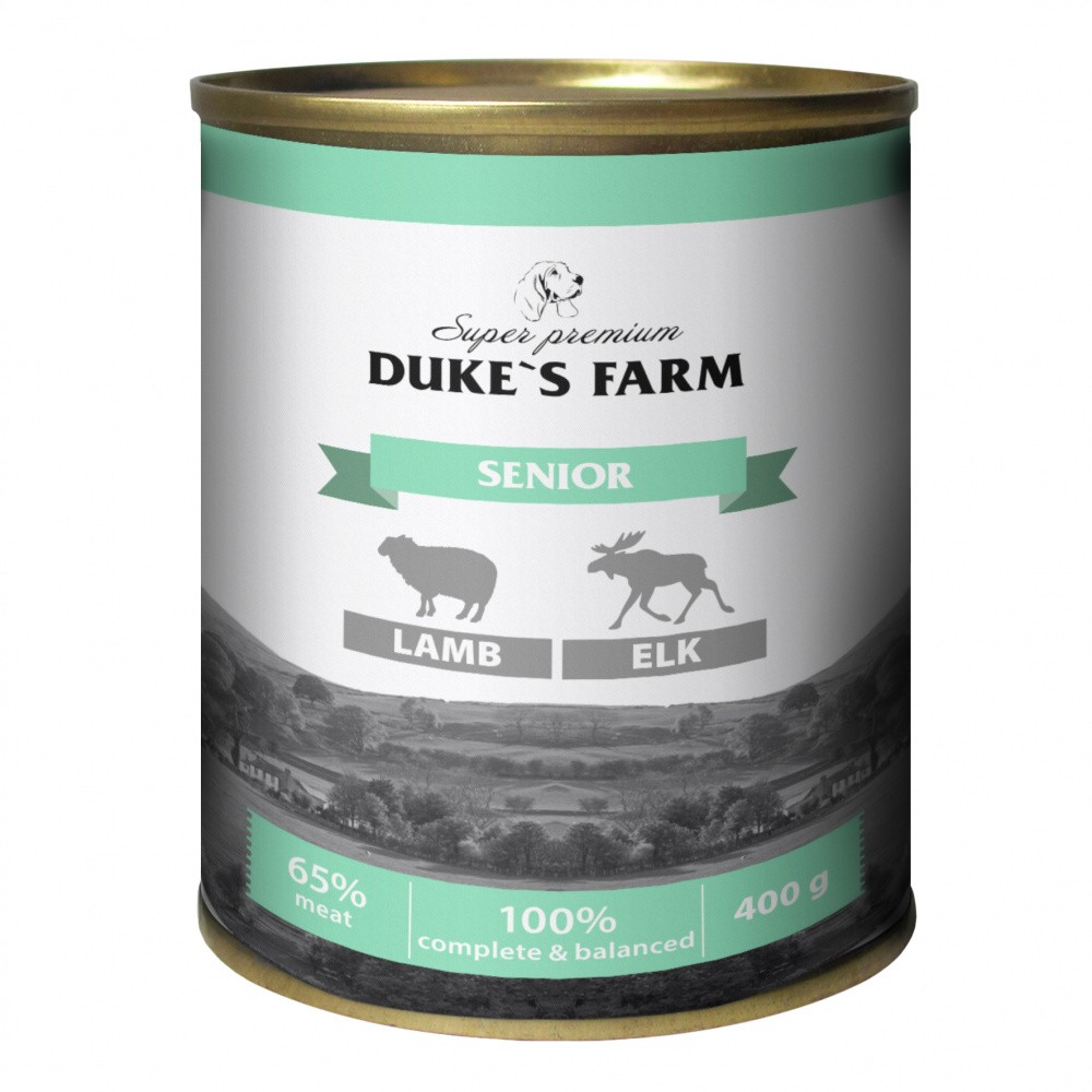 цена Корм для собак DUKE'S FARM для пожилых, паштет из ягненка с лосем банка 400г