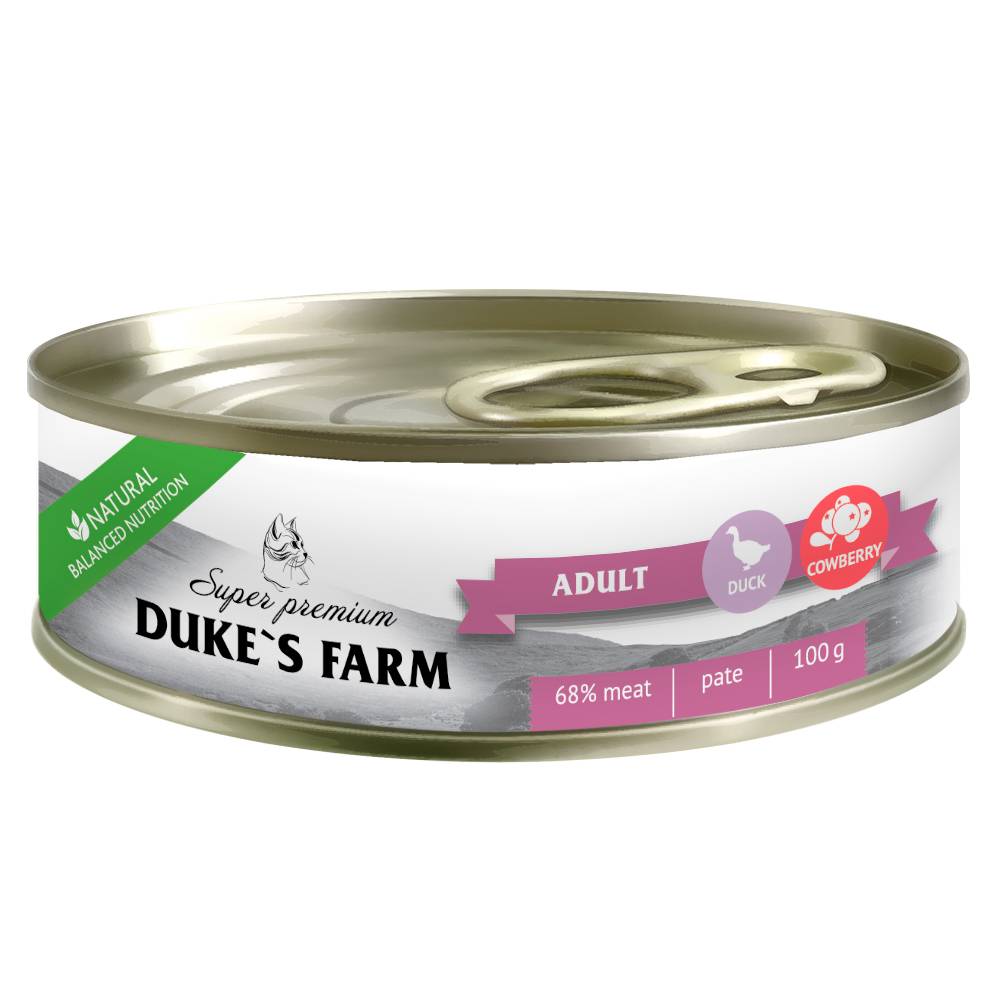 Корм для кошек DUKE'S FARM из утки с брусникой и шпинатом 100г