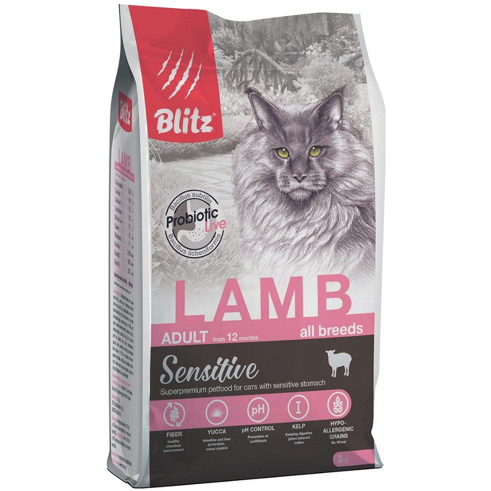 Корм для кошек Blitz adult lamb cat с мясом ягненка сух. 2кг probiotic live cat adult lamb