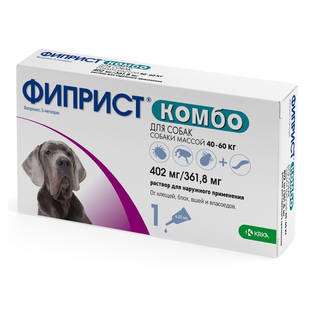 Капли для собак KRKA Фиприст Комбо от клещей и усиленным действием против блох (40-60кг) 4,02мл, 1 пипетка отоксолан krka ушные капли для собак 10 мл