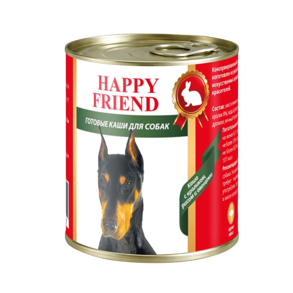 Корм для собак HAPPY FRIEND Каша Мясное ассорти с кроликом, рисом и овощами банка 525г
