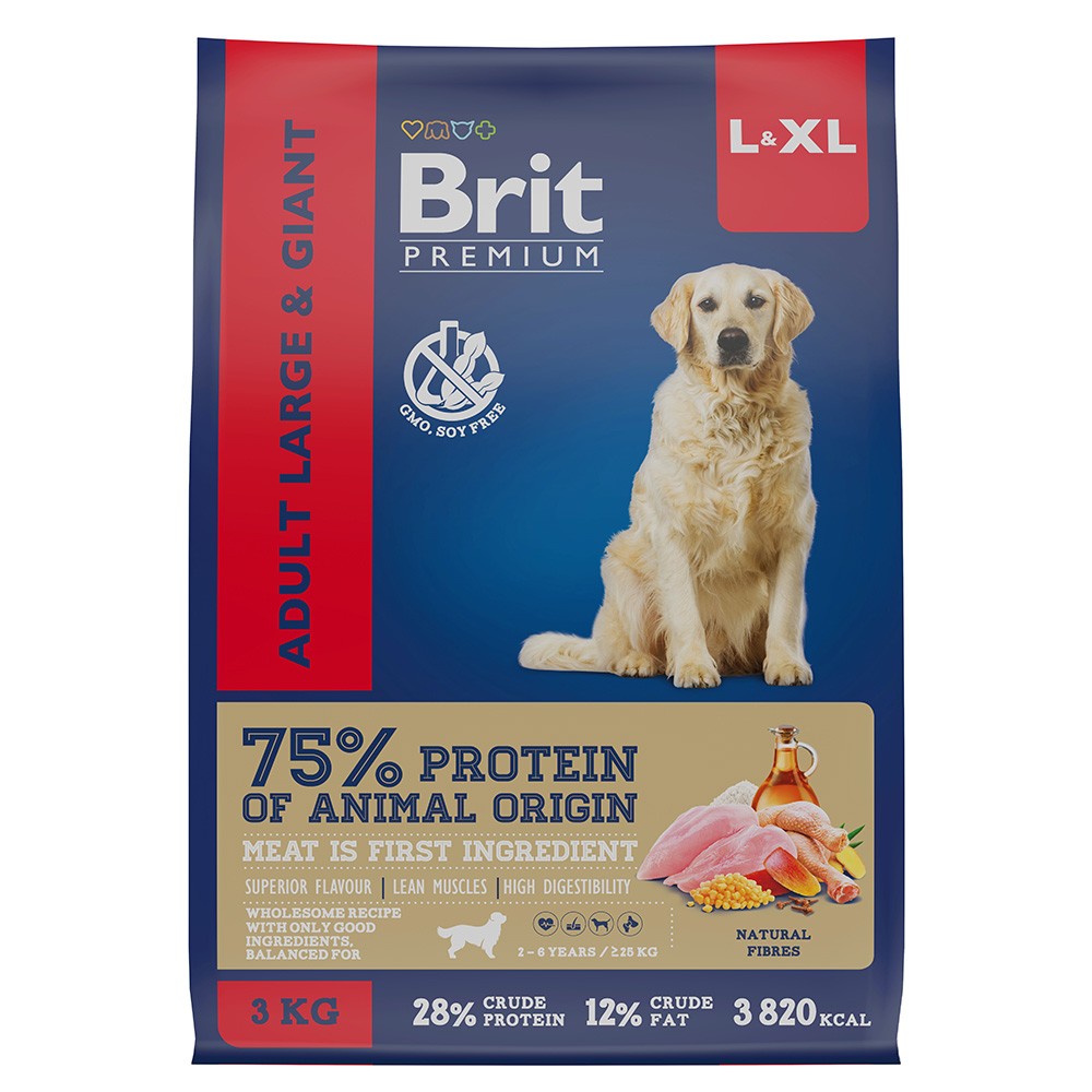 Корм для собак Brit Premium Dog для крупных и гигантских пород, курица сух. 3кг