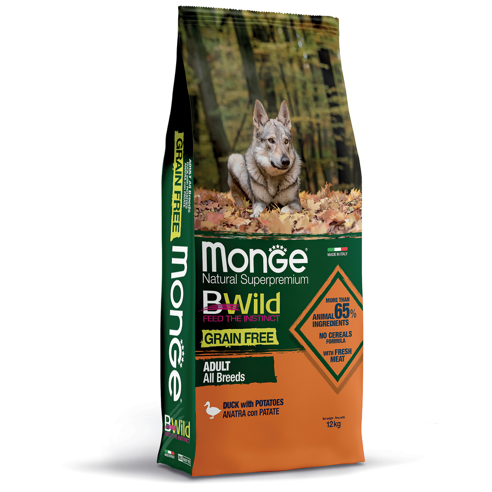 Корм для собак Monge Dog BWild Grain Free утка с картофелем сух 12кг 15690₽