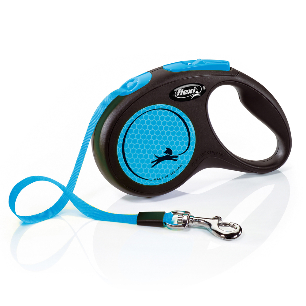 Рулетка для собак Flexi Neon New S (до 15кг) лента 5м, светоотражающая, голубой неон