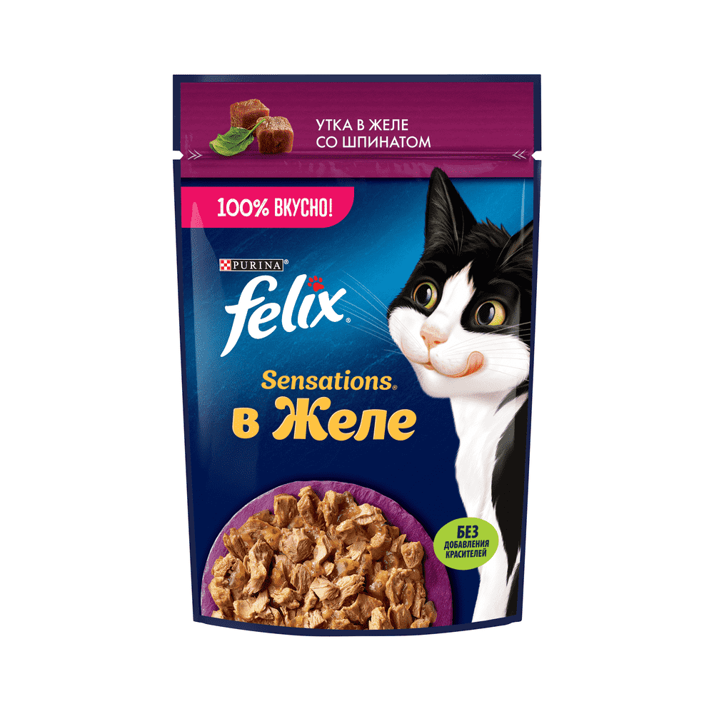 Корм для кошек FELIX Sensations Желе утка со шпинатом пауч 75г корм для кошек felix sensations соус утка с морковью пауч 75г