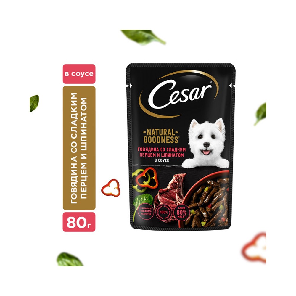 Корм для собак Cesar говядина с паприкой и шпинатом в соусе пауч 80г корм для собак cesar говядина с овощами в соусе 85 г