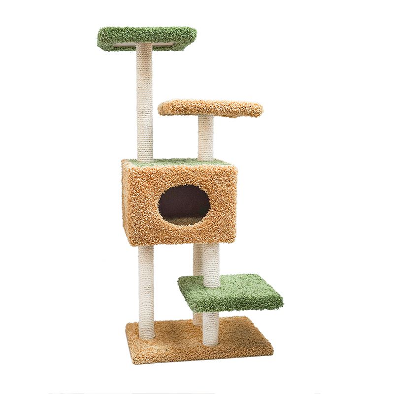 Когтеточка для кошек Foxie с домиком и тремя площадками 61х46х118см бежево-зеленая ковролиновая