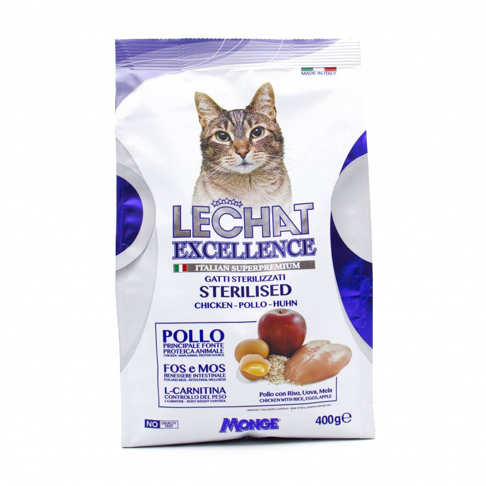 Корм для кошек LECHAT EXCELLENCE Sterilised для стерилизованных, курица, рис, яйца, яблоки сух. 400г
