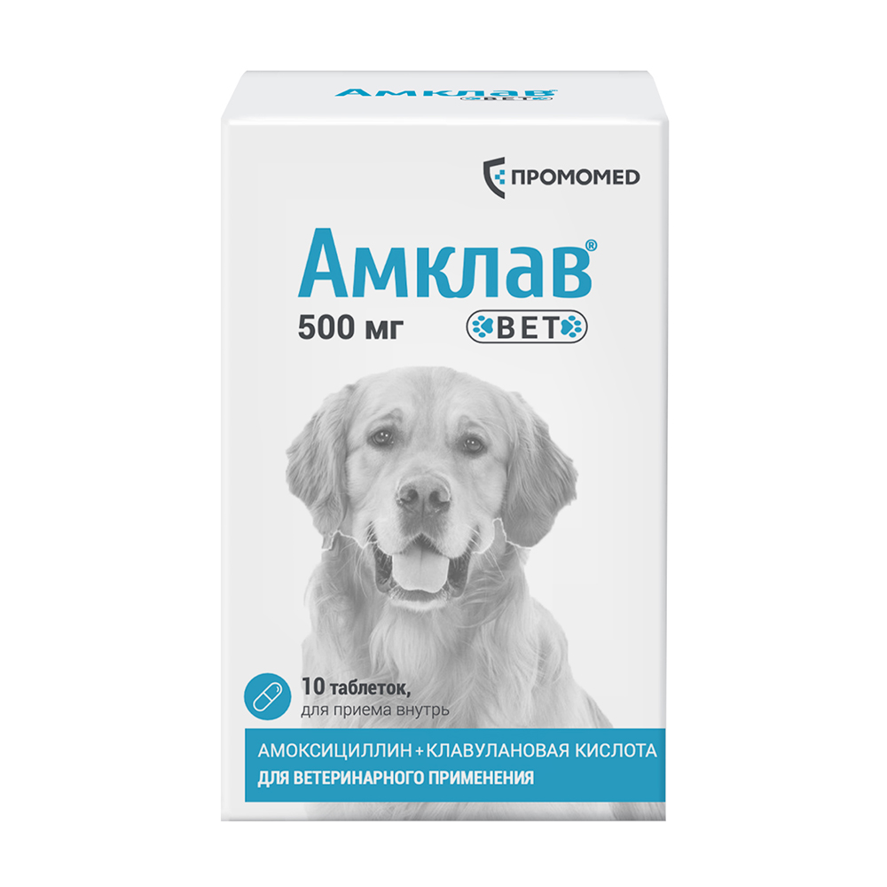 Препарат антибактериальный АМКЛАВ ВЕТ для собак и кошек 500мг 10табл банка рецепт 936₽