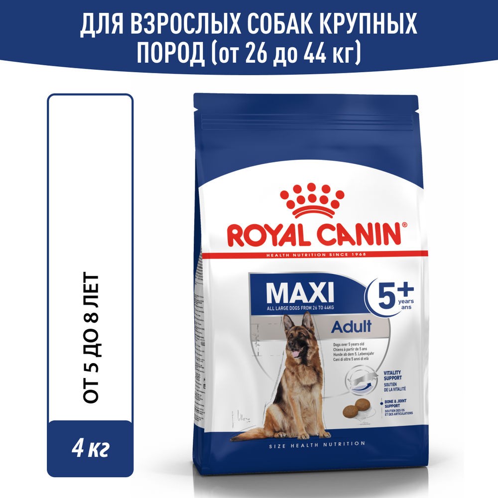 royal canin maxi ageing 8 полнорационный сухой корм для пожилых собак крупных пород старше 8 лет Корм для собак ROYAL CANIN Size Maxi Adult 5+ для крупных пород старше 5 лет сух. 4кг