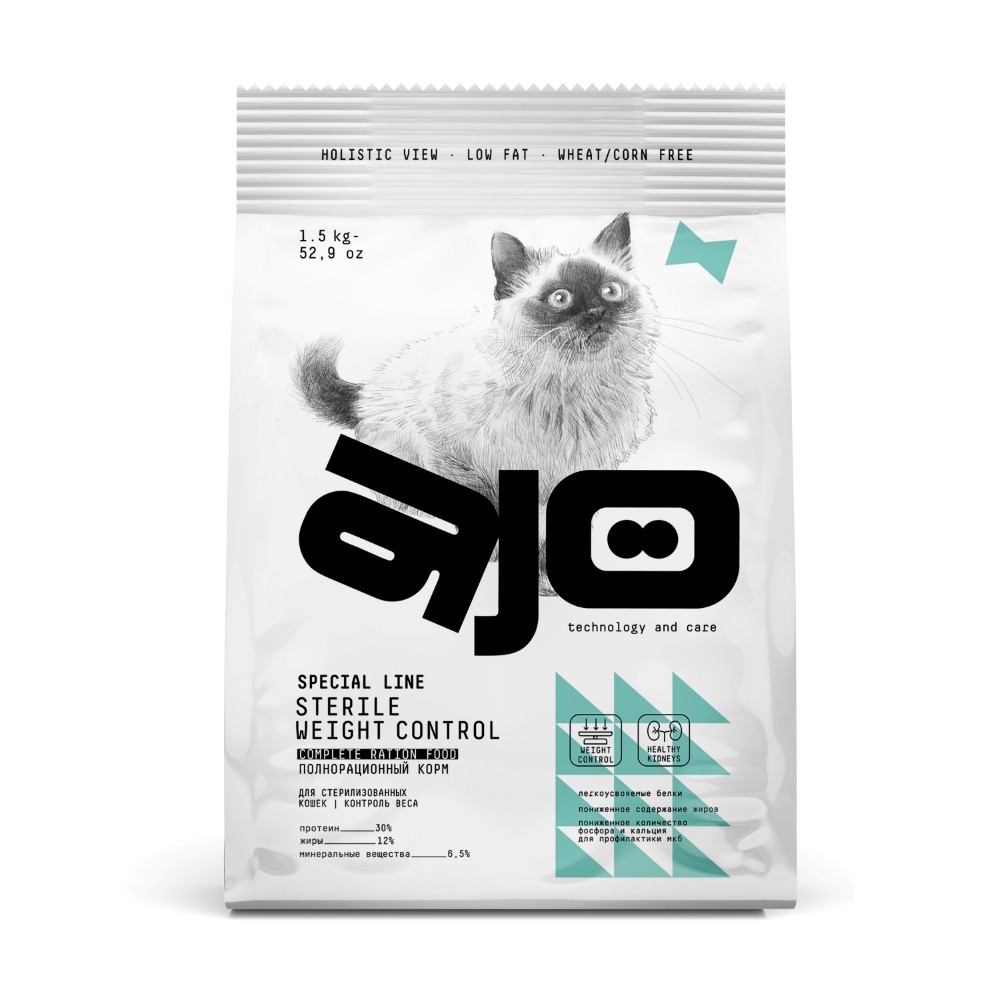 Корм для кошек AJO Cat Sterile Weight Control для стерилизованных, контроль веса, курица сух. 1,5кг
