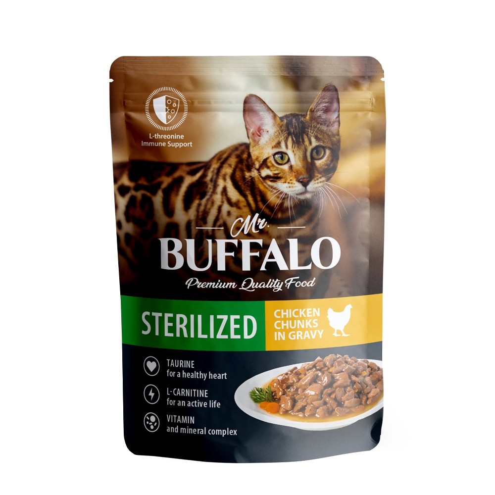 цена Корм для кошек Mr.Buffalo Sterilized цыпленок в соусе пауч 85г