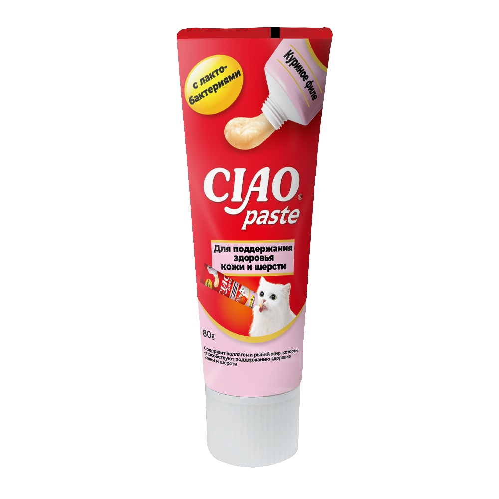 Паста для кошек INABA Ciao для поддержания здоровья кожи и шерсти, куриное филе 80г