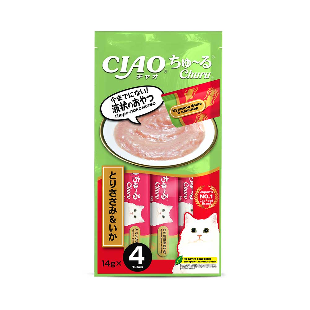 Лакомство для кошек INABA Ciao Churu Куриное филе с кальмаром пюре 14гх4 салат с гребешком кальмаром и фисташковым йогуртом