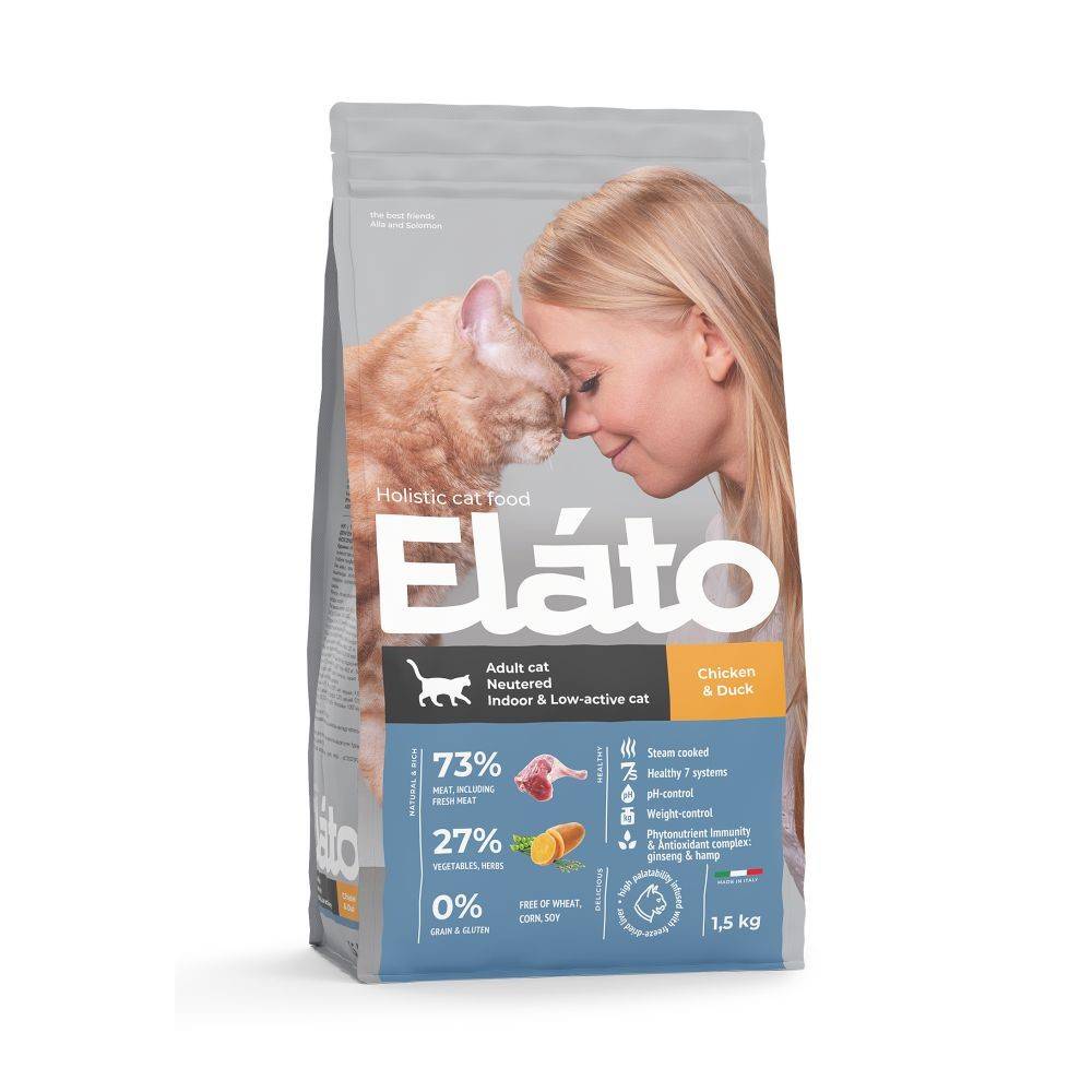 Корм для кошек Elato Holistic для кастрированных,стерилиз. и малоактивных, курица с уткой сух. 1,5кг корм для щенков elato holistic для мелких пород курица с уткой сух 500г