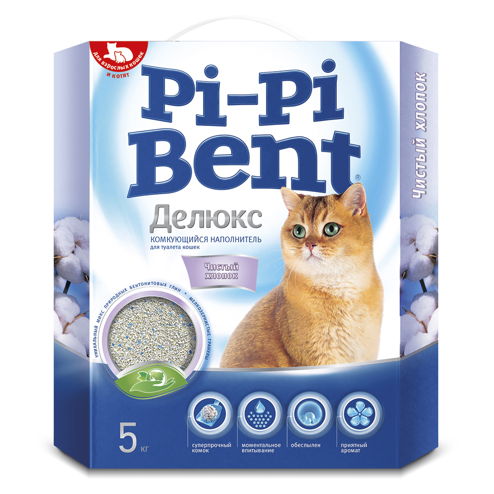 Наполнитель для кошачьего туалета PI-PI BENT DeLuxe Clean cotton комкующийся, коробка 5кг