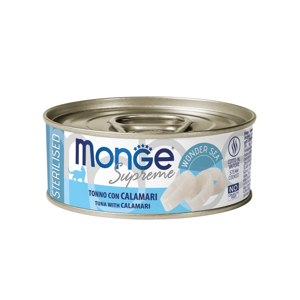 Корм для кошек Monge Supreme sterilized для стерилизованных, тунец с кальмаром банка 80г салат с гребешком кальмаром и фисташковым йогуртом
