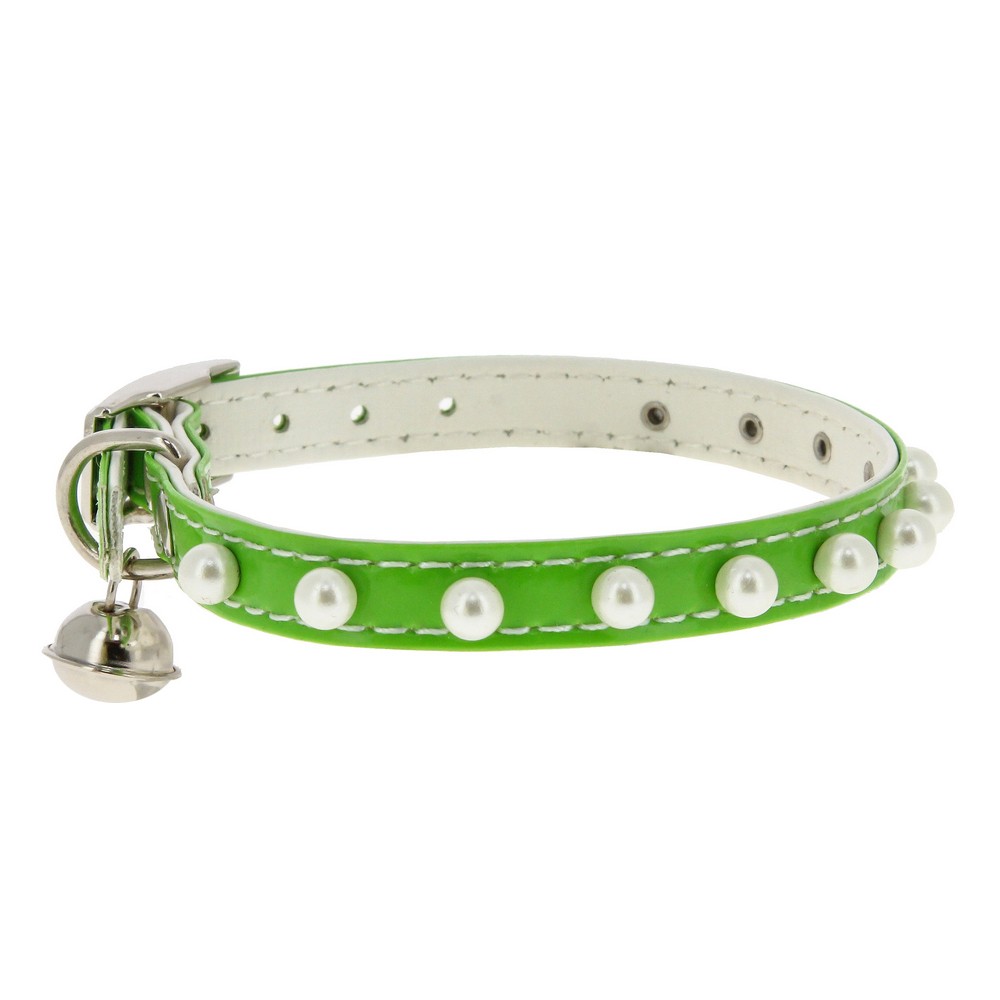 Ошейник для кошек КАСКАД Синтетик двойной прошитый с жемчугом и бубенчиком 10ммх30см зеленый