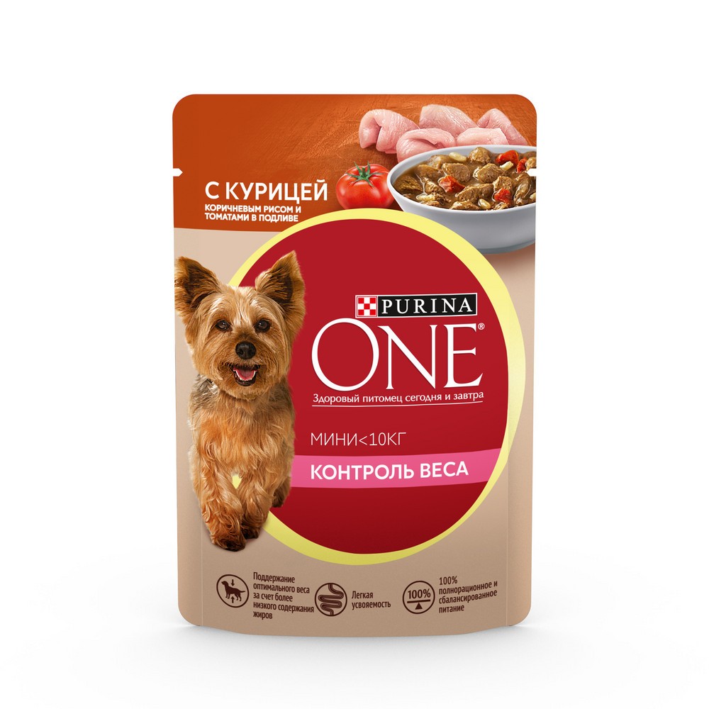 Корм для собак Purina ONE Mini для склонных к полноте, с курицей, корич. рисом и томатами пауч 85г