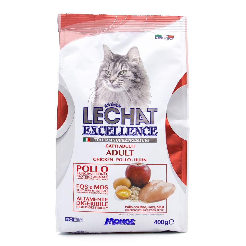 Корм для кошек LECHAT EXCELLENCE Adult курица, рис, яйца, яблоки сух. 400г