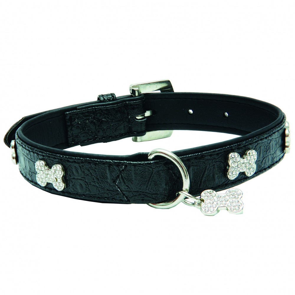Ошейник для собак КАСКАД Колибри кольцо посеред.с укр.и кулоном Косточка со страз.25ммх50см черн