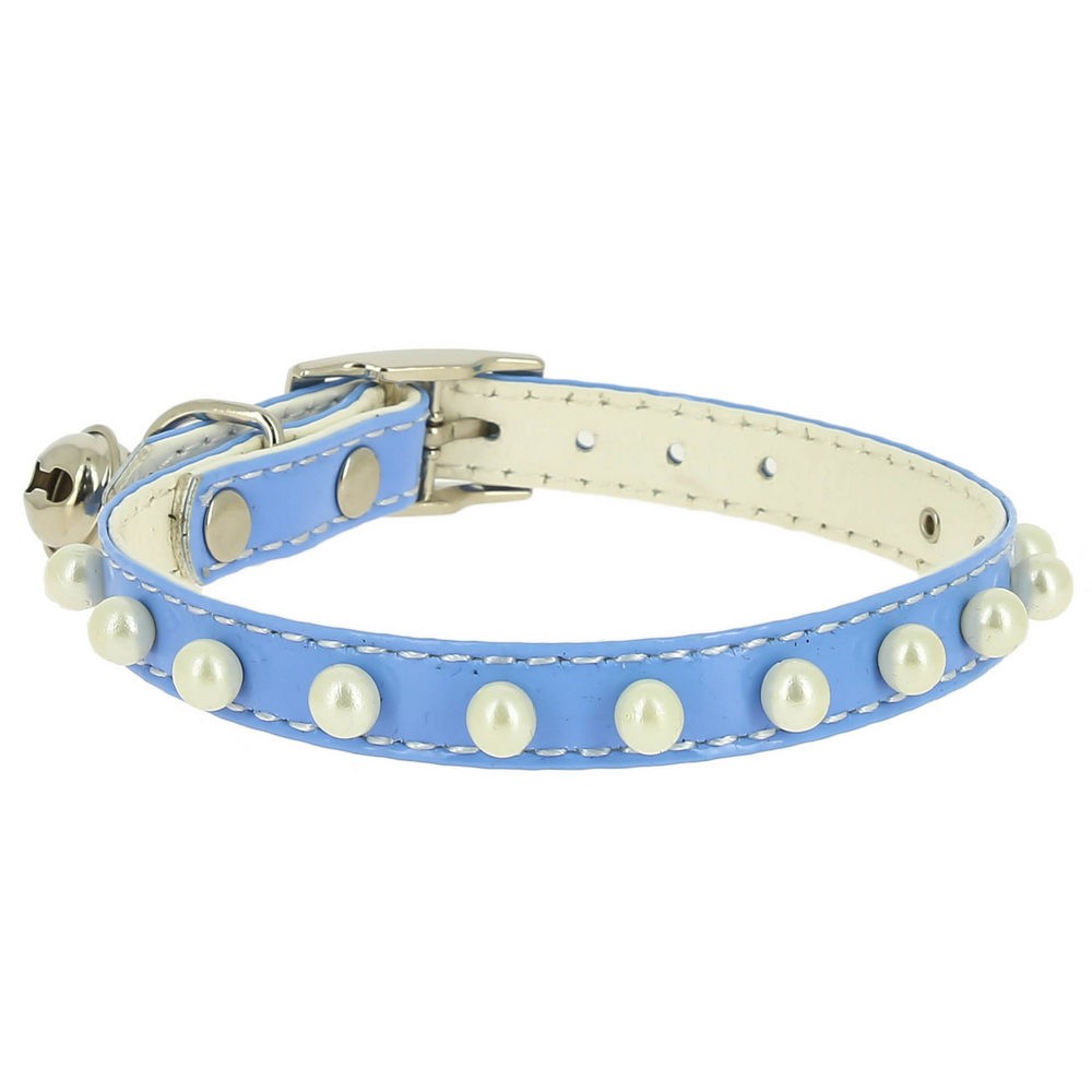 Ошейник для кошек КАСКАД Синтетик двойной прошитый с жемчугом и бубенчиком 10ммх30см синий