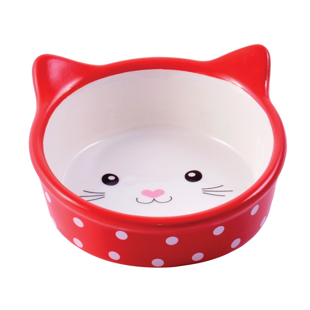 Миска для кошек КерамикАрт керамическая "Мордочка кошки" красная в горошек 250мл