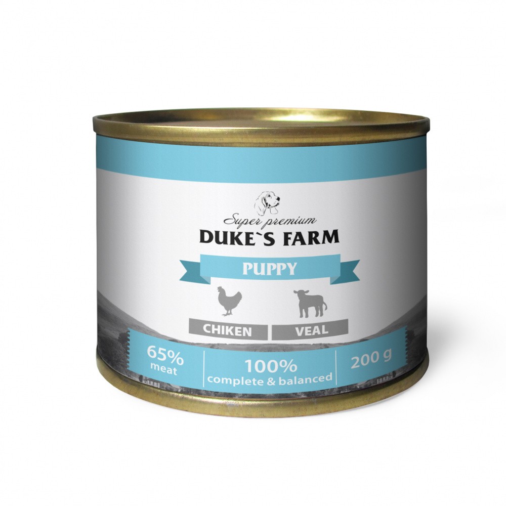 Корм для щенков DUKE'S FARM Паштет из курицы с телятиной банка 200г выгодно для щенков паштет с телятиной 150 гр х 18 шт