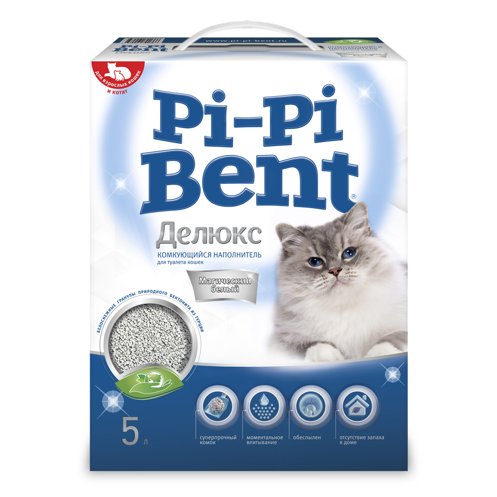 Наполнитель для кошачьего туалета PI-PI BENT DeLuxe Magic white комкующийся, коробка 5кг