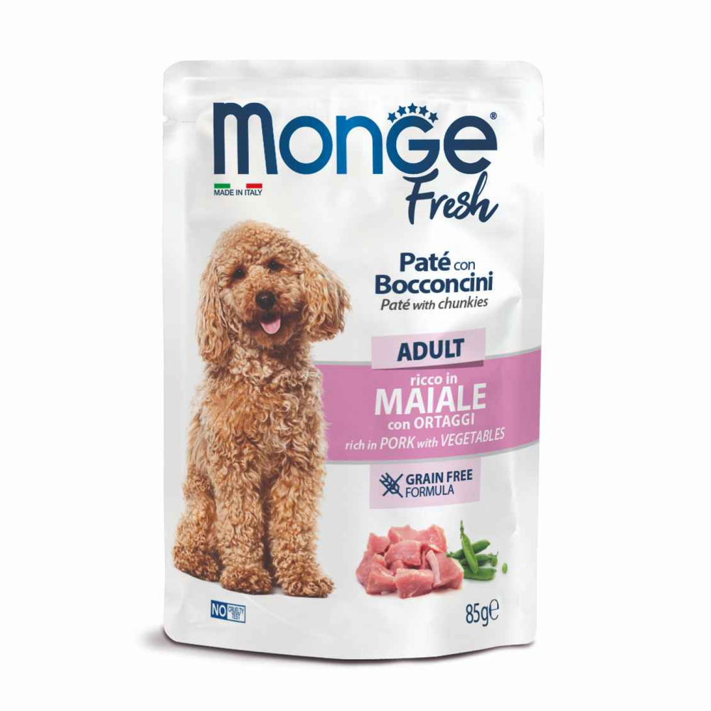 Корм для собак Monge Dog Fresh паштет с кусочками свинины и овощами пауч 85г