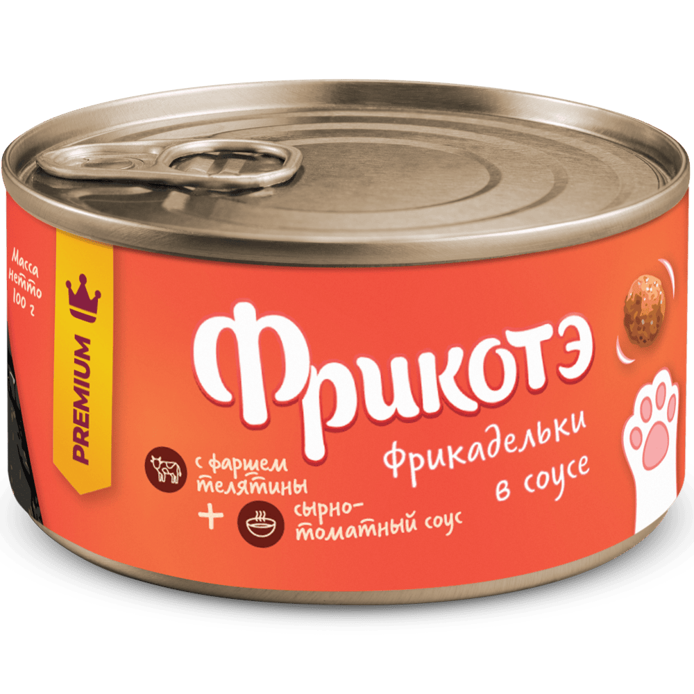 Корм для кошек ФРИКОТЭ фрикадельки с фаршем телятины в сырно-томатном соусе банка 100г