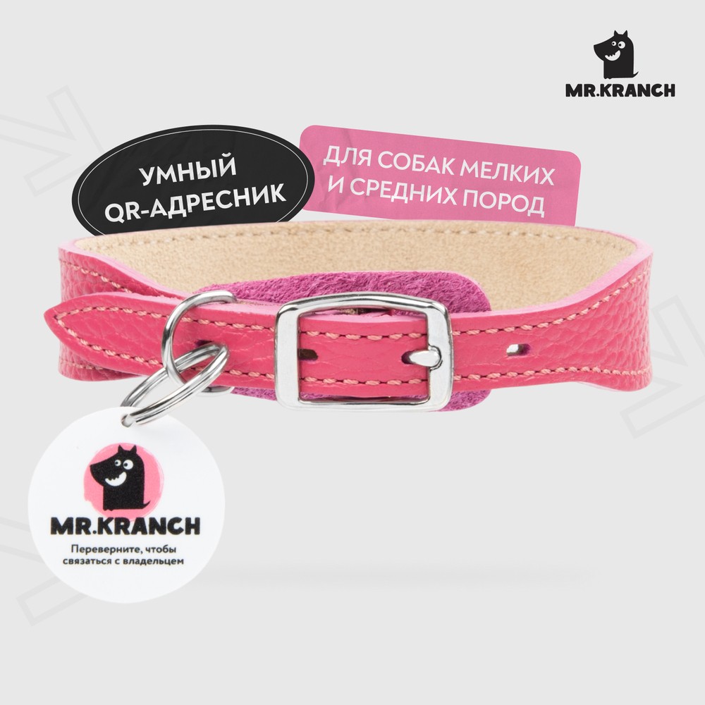 Ошейник для собак Mr.Kranch из натуральной кожи с QR-адресником, розовый 20-24см