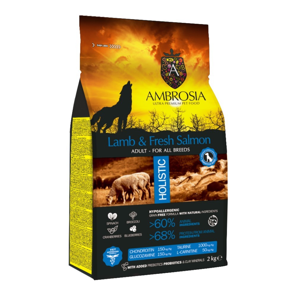 Корм для собак AMBROSIA Grain Free беззерновой для всех пород, с ягненком и свежим лососем 2кг