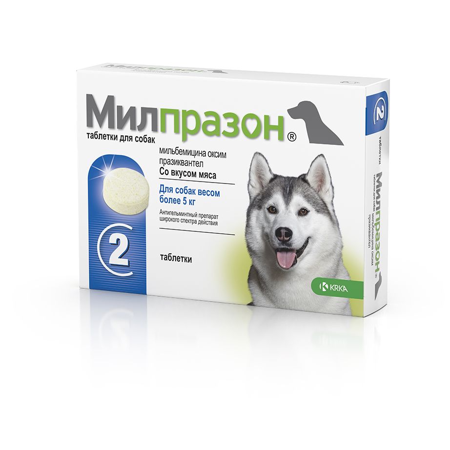 Антигельминтик для собак KRKA Милпразон, 2 таблетки антигельминтик для собак krka дехинел плюс xl на 35кг упаковка 2 таб