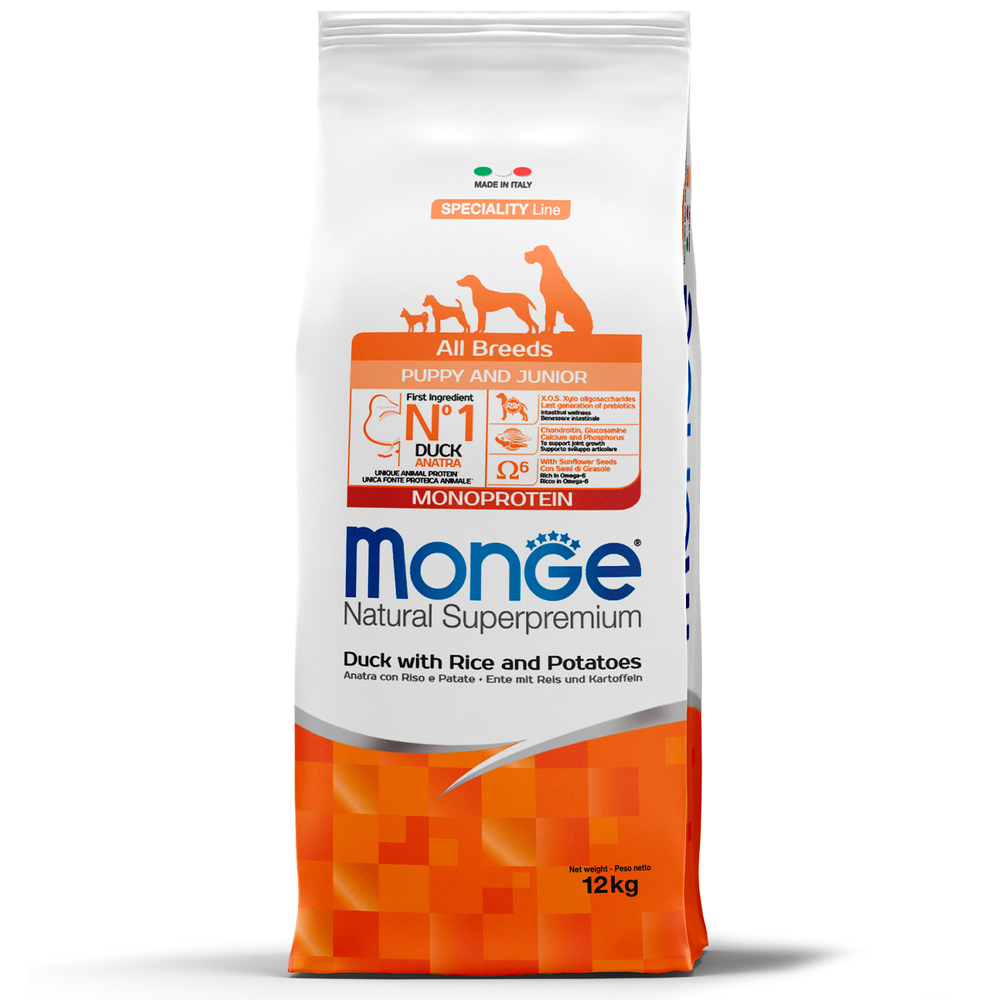 Корм для щенков Monge Dog Speciality Line Monoprotein из утки с рисом и картофелем сух 12кг 12860₽