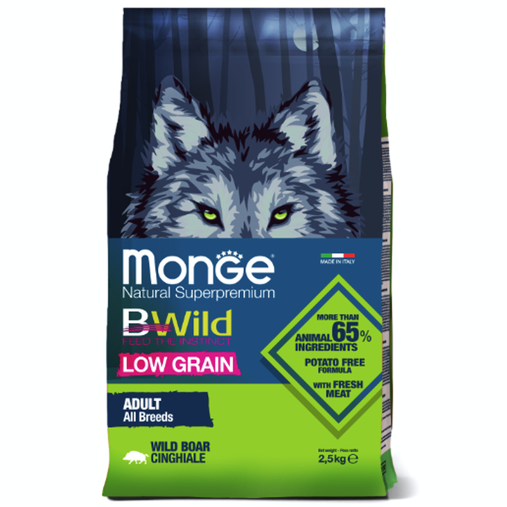 Корм для собак Monge Dog BWild Low Grain мясо дикого кабана сух 25кг 3130₽
