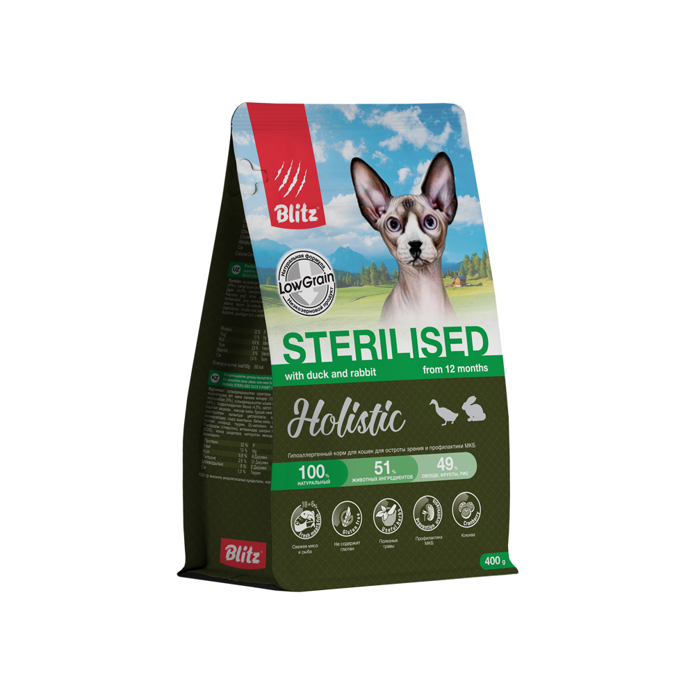 Корм для кошек Blitz Holistic утка с кроликом и рыбой сух. 400г