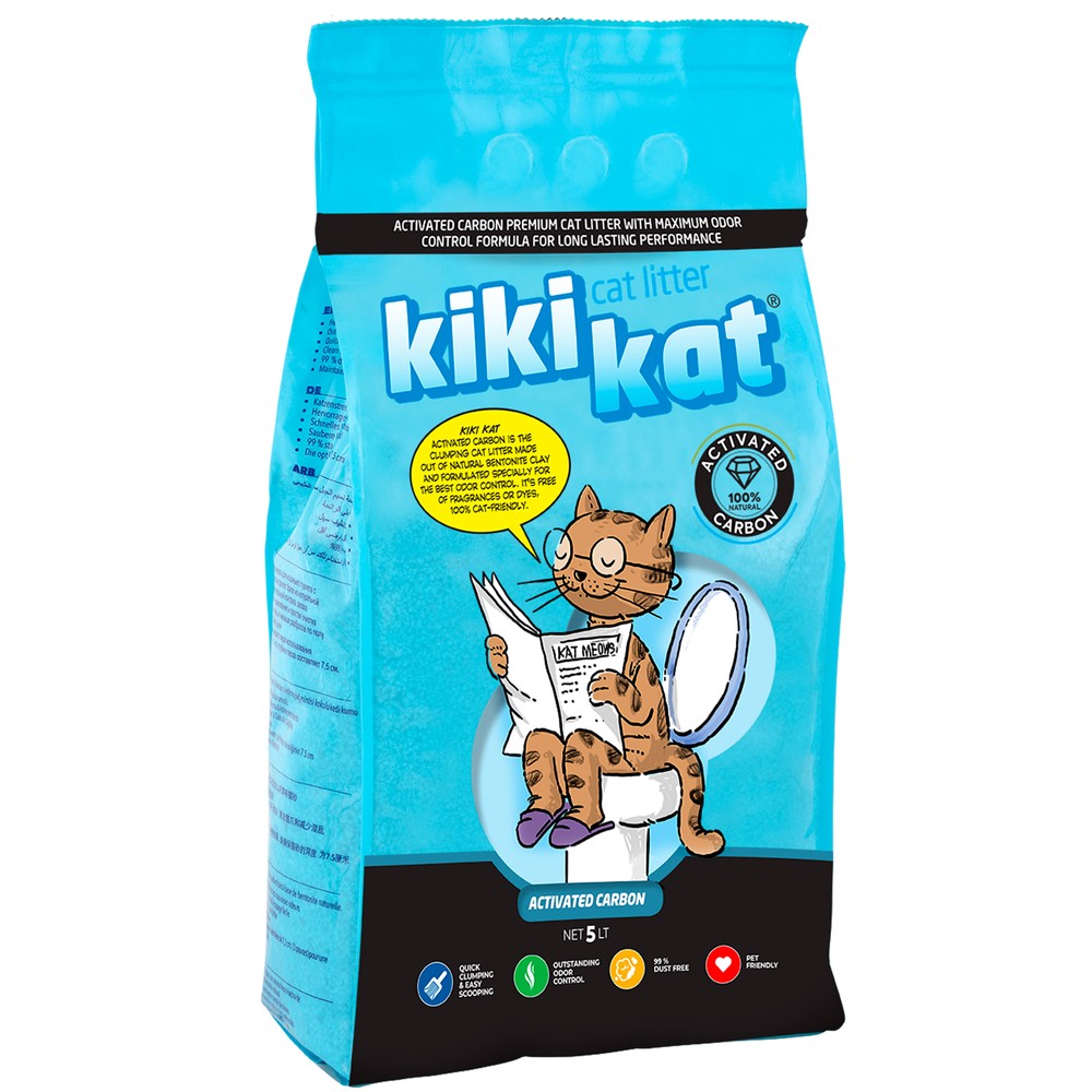 Наполнитель для кошачьего туалета KIKIKAT Активированный уголь комкующийся 5л наполнитель для кошачьего туалета kikikat комкующийся супер белый 10л