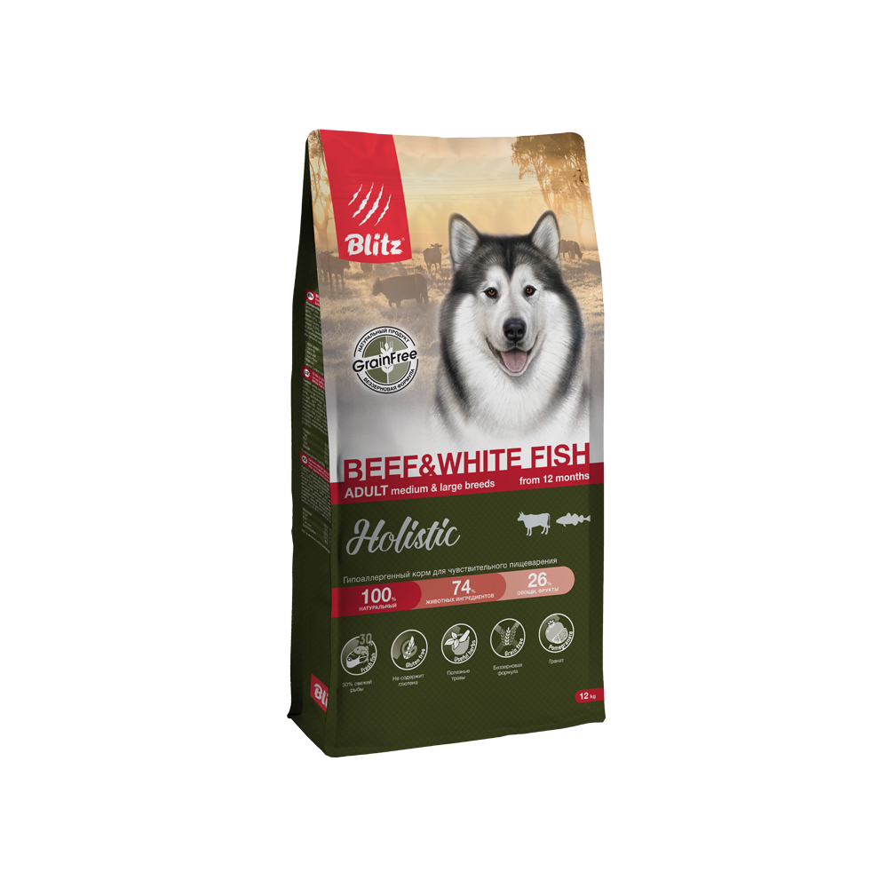 Корм для собак Blitz Holistic говядина с белой рыбой сух 12кг 14360₽