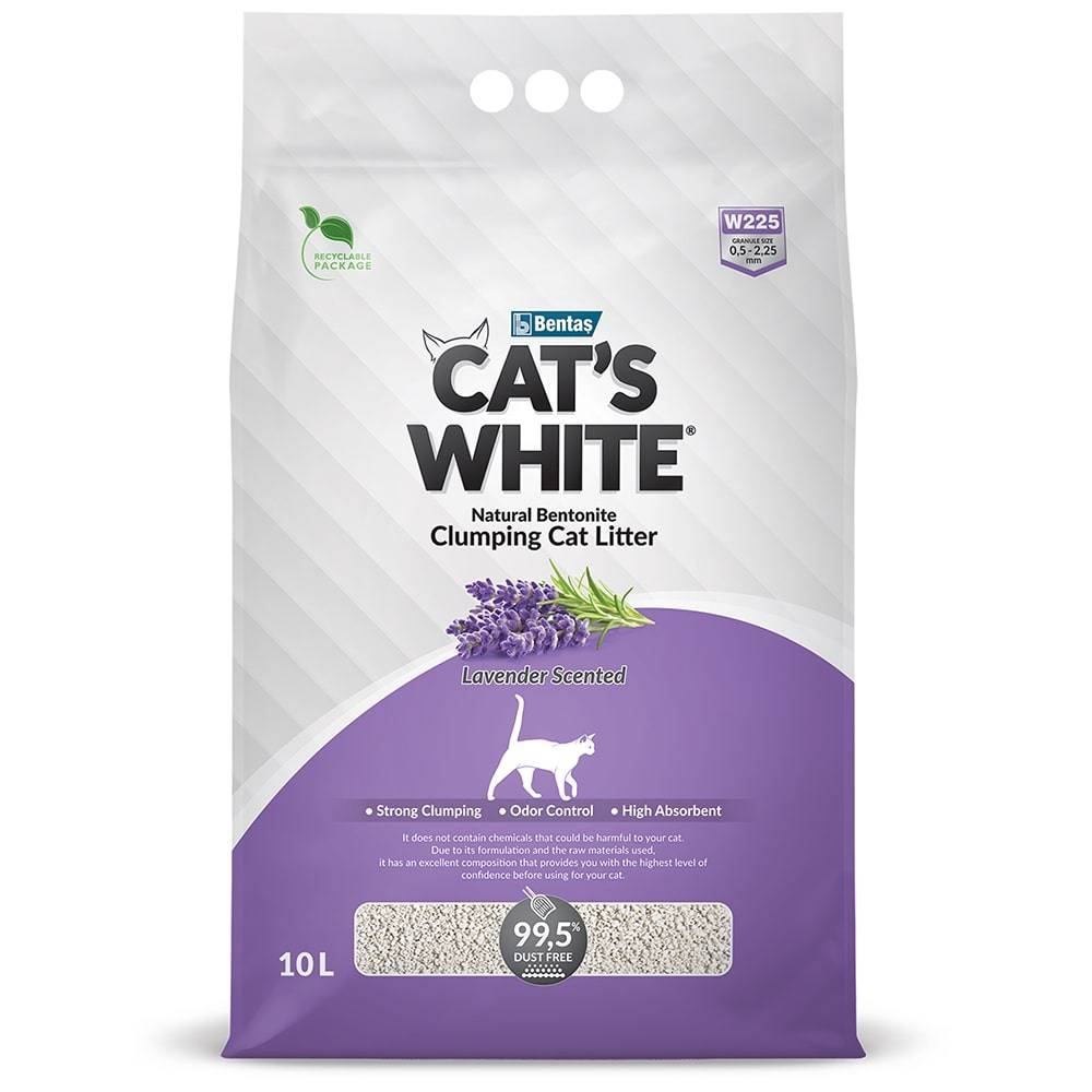 Наполнитель для кошачьего туалета CAT'S WHITE Lavender комкующийся с ароматом лаванды 10л наполнитель для кошачьего туалета kikikat комкующийся супер белый 10л