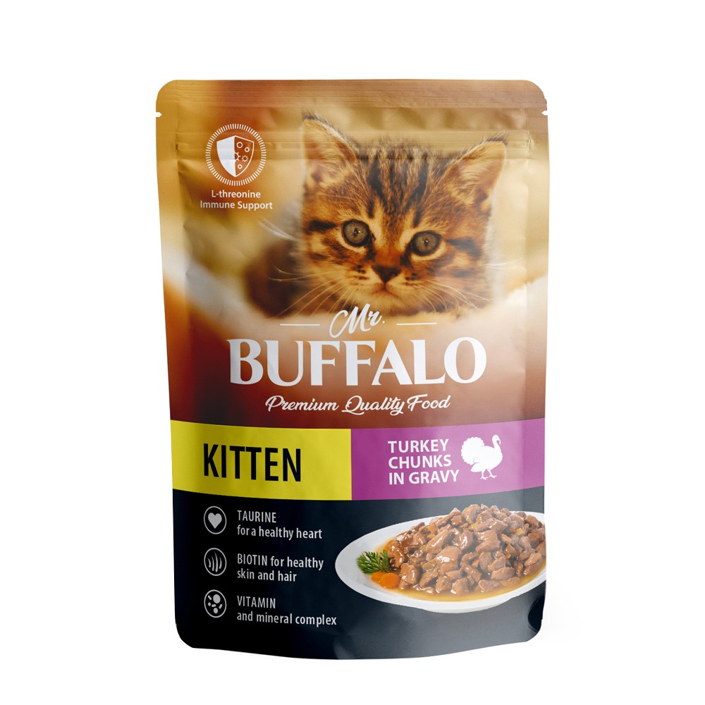 Корм для котят Mr.Buffalo индейка на пару в соусе пауч 85г корм для кошек nature s table индейка в соусе пауч 85г