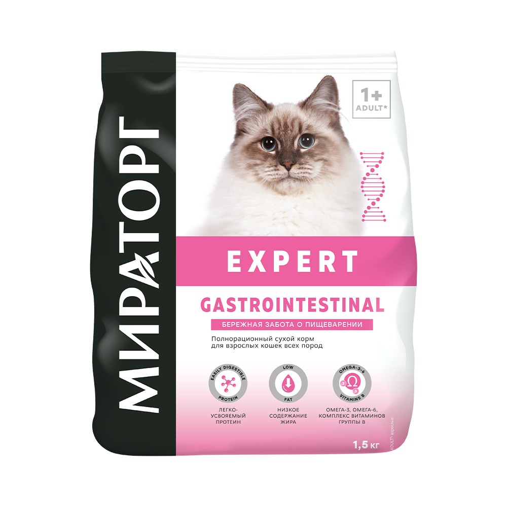 Корм для кошек Мираторг Expert для домашних, бережная забота о пищеварении сух. 1,5кг корм для собак мираторг expert при заболевании почек сух 1 5кг