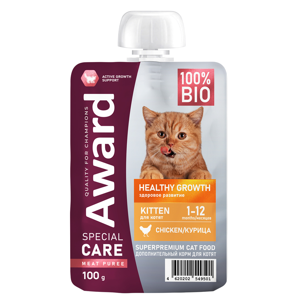 Корм для котят от 1 месяца AWARD Special Care дополнит пюре из мяса курицы пауч 100г 194₽